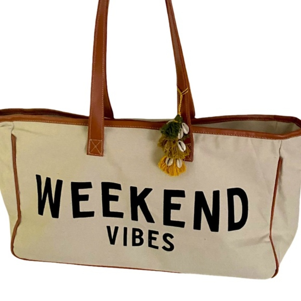 Santa Barbara Weekend Vibes Canvas Tote Bag - Tan and Black,NWOT 11x20x7 drop 12